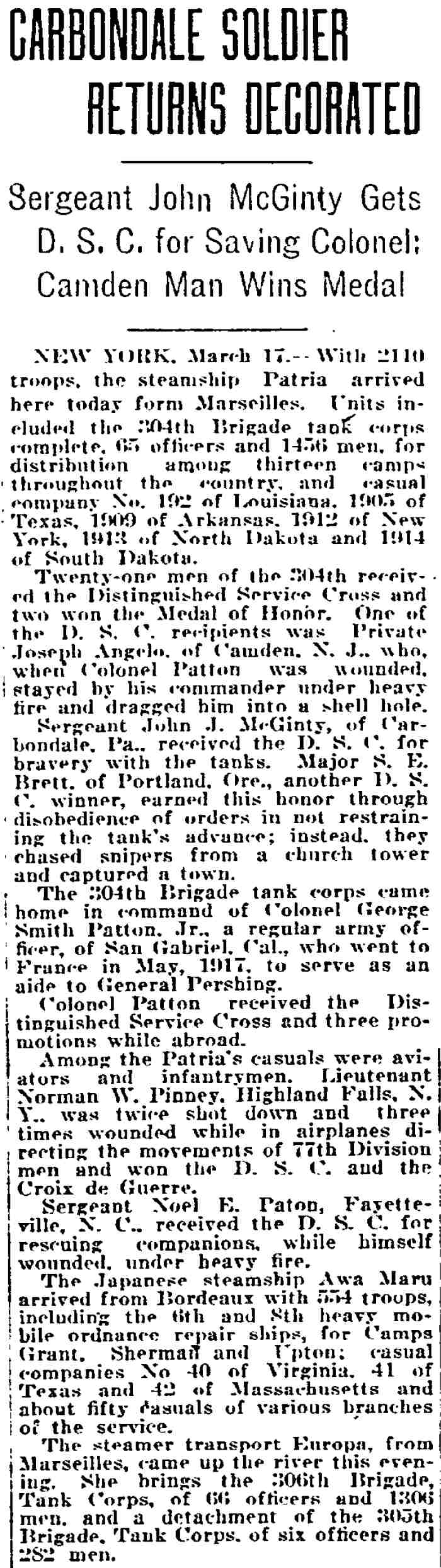 Carbondale Soldier Returns Decorated — Philadelphia Inquirer, March 28, 1919, column 1