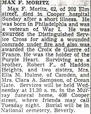 Obituary for Max F. Moritz, Camden Courier-Post March 13 1950