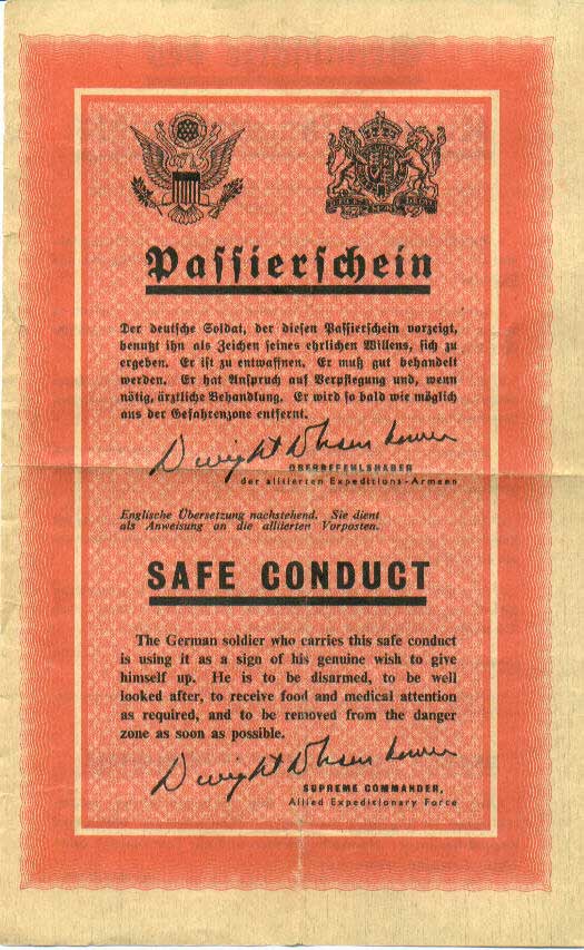 WWII Safe Conduct Pass — front, leaflets dropped over German lines in 1944 and 1945