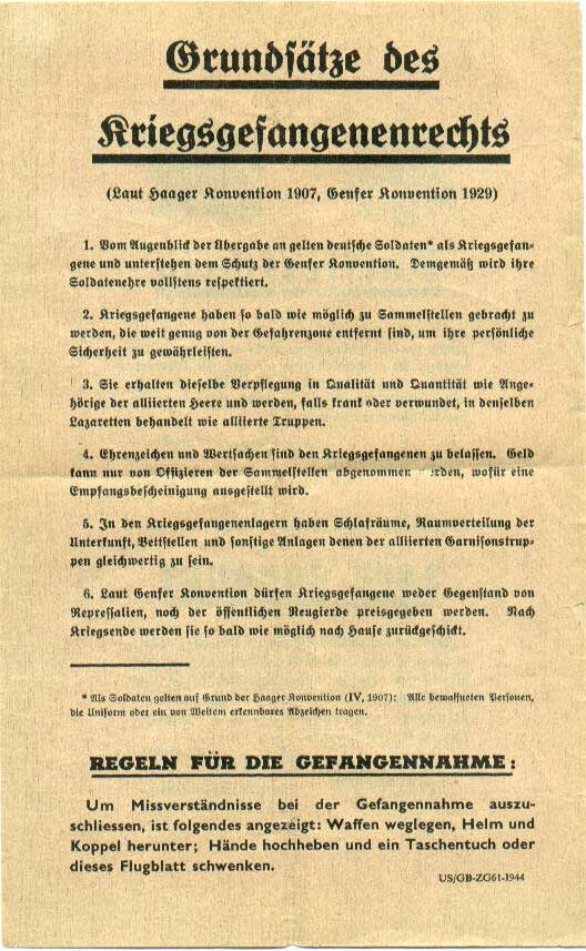 WWII Safe Conduct Pass — reverse, leaflets dropped over German lines in 1944 and 1945
