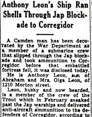 Anthony Leon's Ship Ran Shells Through Jap Blockade to Corregidor — Camden Courier-Post, May 13, 1942 (column 1)