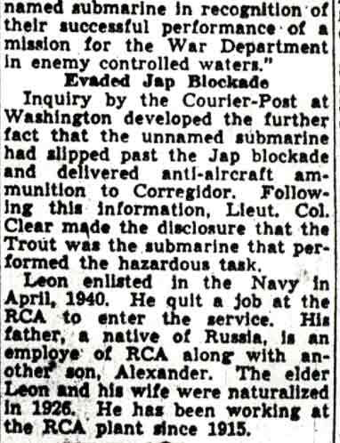 Anthony Leon's Ship Ran Shells Through Jap Blockade to Corregidor — Camden Courier-Post, May 13, 1942 (column 3)