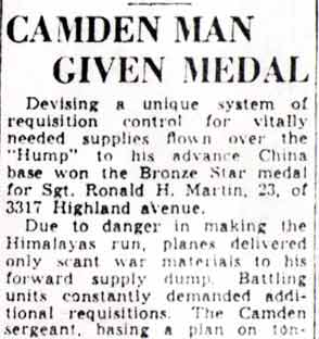 Camden Man Given Medal — Camden Courier-Post, December 22, 1945, column 1