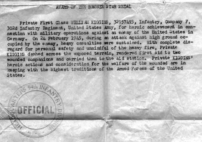 Award of the Bronze Star Medal citation for Private First Class William Kiggins, 94th Infantry Division, February 24, 1945