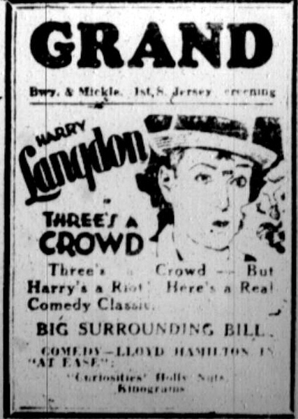 Grand Theater advertisement for Harry Langdon in Three's a Crowd, Camden Courier-Post, January 2, 1928