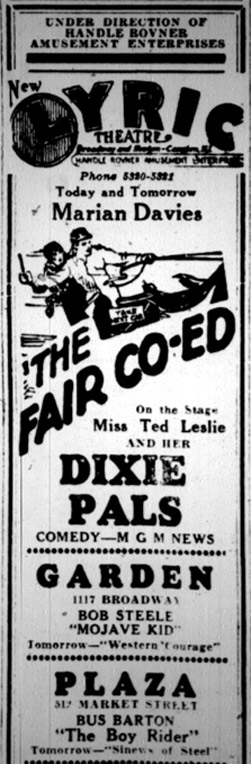 New Lyric Theatre advertisement for Marian Davies in The Fair Co-Ed and Dixie Pals, Handle and Rovner Amusement Enterprises, Camden Courier-Post, January 7, 1928