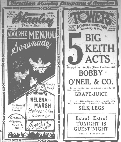 Stanley and Towers theater listings, Camden Courier-Post, January 24, 1928