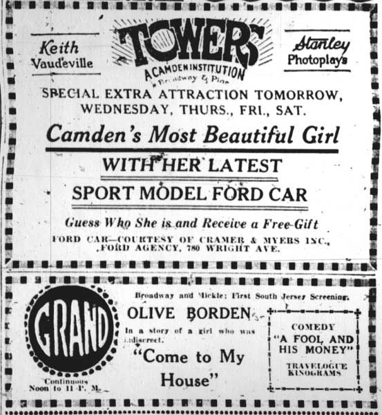 Detail of Towers and Grand theater advertisements, Camden Courier-Post, January 24, 1928, including a promotion for Camden's Most Beautiful Girl