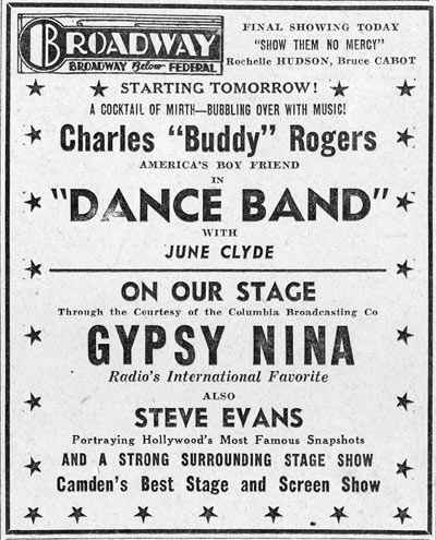 Broadway Theater advertisement, Camden Courier-Post, February 1, 1936, featuring Charles Buddy Rogers in Dance Band