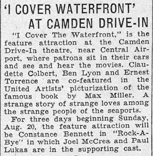 Article about Cover the Waterfront at Camden Drive-In, Camden Courier-Post, August 16, 1933
