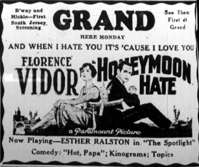 Grand Theater advertisement for Florence Vidor in Honeymoon Hate, Camden Courier-Post, January 7, 1928