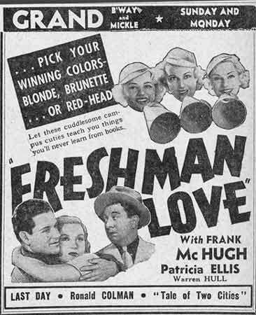 Grand Theater advertisement for Freshman Love with Frank McHugh, Patricia Ellis, and Warren Hull, Camden Courier-Post, February 8, 1936