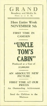 Grand Theater advertising handbill for the week of November 5, 1927, featuring Uncle Tom's Cabin