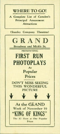 Reverse of Grand Theater handbill listing Stanley Company Theatres attractions, with King of Kings advertised for the week of November 19
