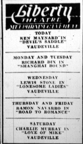 Liberty Theatre weekly program listing, Camden Courier-Post, January 7, 1928, featuring Ken Maynard, Richard Dix, Lewis Stone, Ramon Navarro, and Charlie Murray