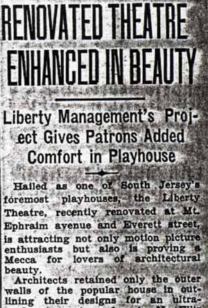 Renovated Theatre Enhanced in Beauty article, Camden Courier-Post, August 31, 1936, part 1