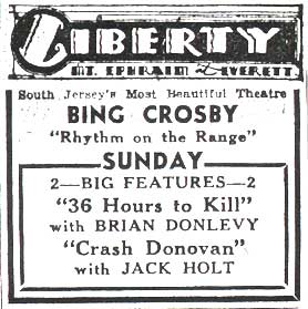 Liberty Theater advertisement for Bing Crosby in Rhythm on the Range and a Sunday double feature, Camden Courier-Post, October 3, 1936