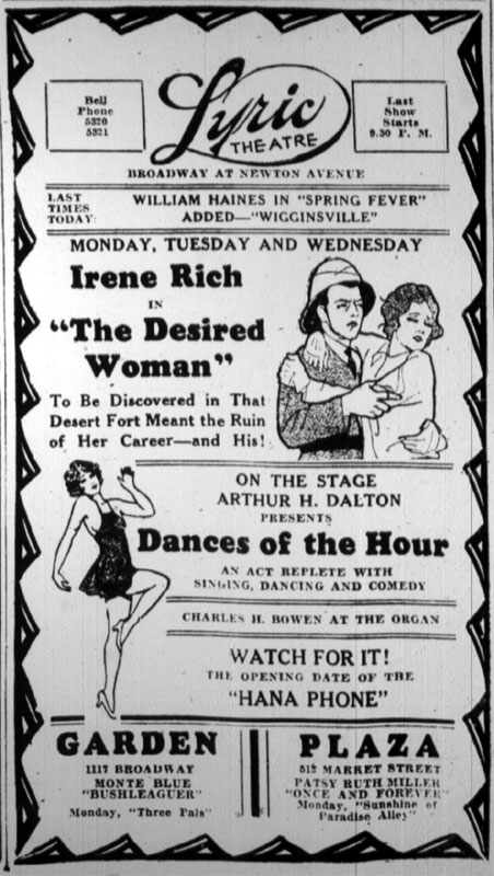 Lyric Theatre advertisement for Irene Rich in The Desired Woman and Arthur H. Dalton's Dances of the Hour, Camden Courier-Post, January 7, 1928