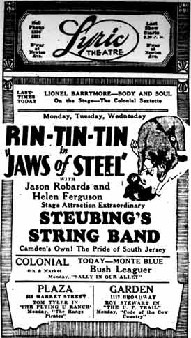Lyric Theatre advertisement for Rin-Tin-Tin in Jaws of Steel with Jason Robards and Helen Ferguson, and Steubing's String Band, Camden Courier-Post, January 21, 1928