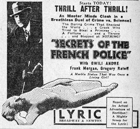 Lyric Theater advertisement for Secrets of the French Police, Camden Courier-Post, February 1, 1933