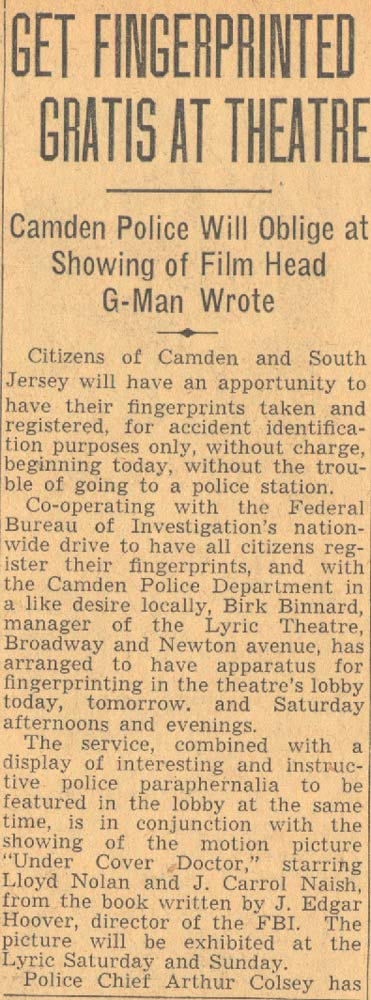 Get Fingerprinted Gratis at Theatre article, Camden Courier-Post, June 29, 1939