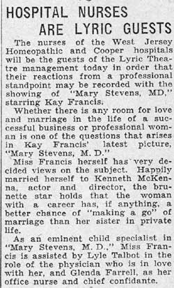 Camden Courier-Post article Hospital Nurses Are Lyric Guests, announcing nurses of West Jersey Homeopathic and Cooper hospitals will attend Mary Stevens M.D. at the Lyric, August 16, 1933