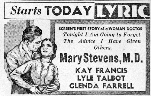 Lyric Theater advertisement for Mary Stevens M.D. starring Kay Francis, Lyle Talbot, and Glenda Farrell, Camden Courier-Post, August 16, 1933