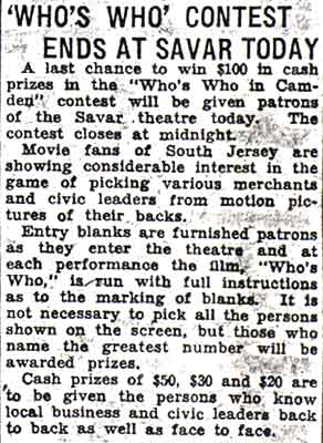 Camden Courier-Post article 'Who's Who' Contest Ends at Savar Today, about a contest to identify local business and civic leaders from film, October 1, 1936
