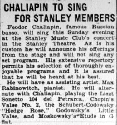 Chaliapin to Sing for Stanley Members, Camden Courier-Post, January 27, 1928
