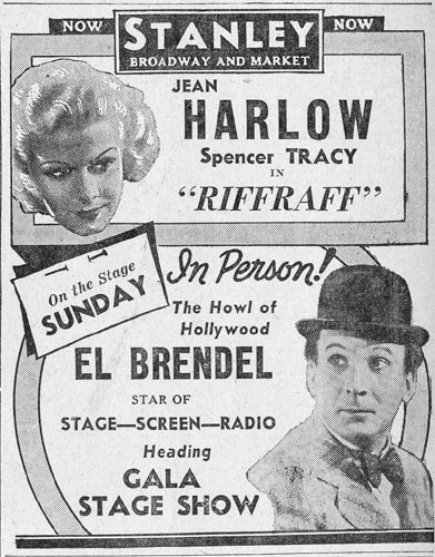 Stanley Theater advertisement, Camden Courier-Post, February 1, 1936, featuring El Brendel