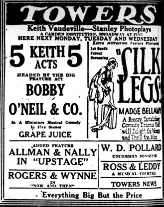Towers Theatre advertisement, Camden Courier-Post, January 21, 1928