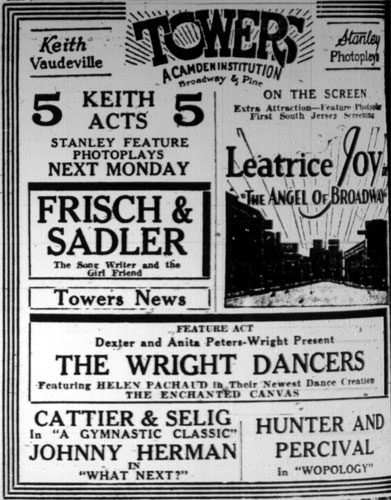 Towers Theatre advertisement, Camden Courier-Post, January 28, 1928