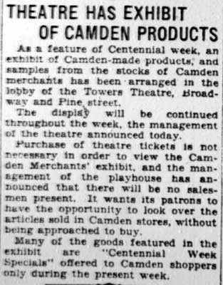 Article about Camden products exhibit at Towers Theatre, Courier-Post, February 15, 1928