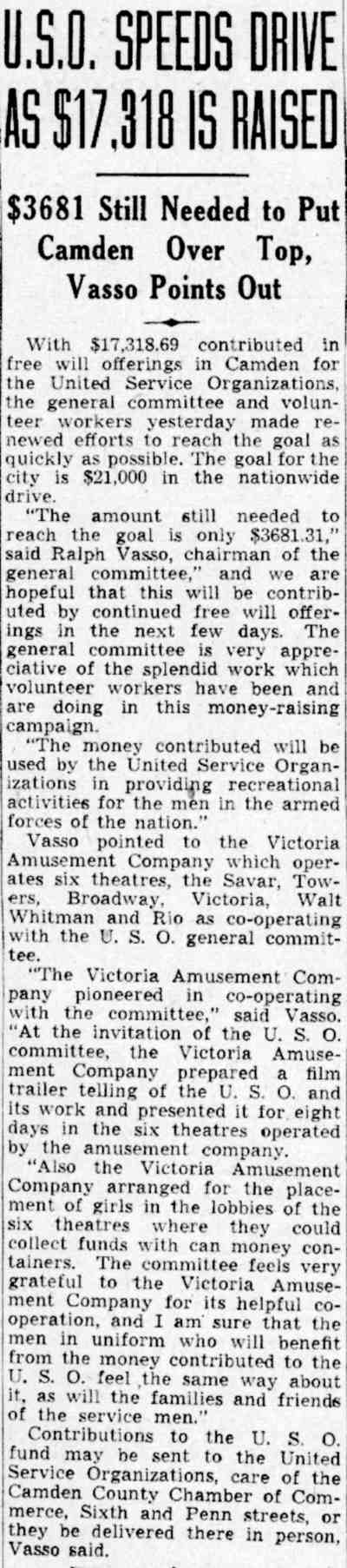 U.S.O. Speeds Drive as $17,318 is Raised, Camden Courier-Post, July 1941