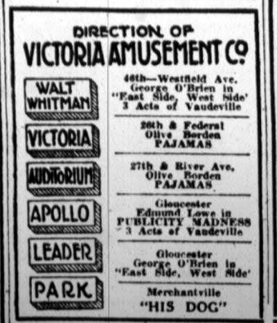 Victoria Amusement Company theater listings, Camden Courier-Post, January 7, 1928