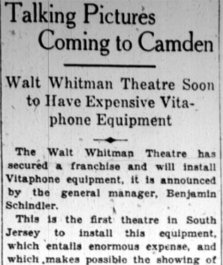 Talking Pictures Coming to Camden, Camden Courier-Post, January 28, 1928, page 1