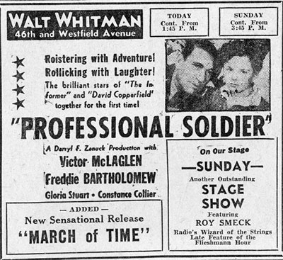 Walt Whitman Theater advertisement, Camden Courier-Post, February 1, 1936, featuring Roy Smeck