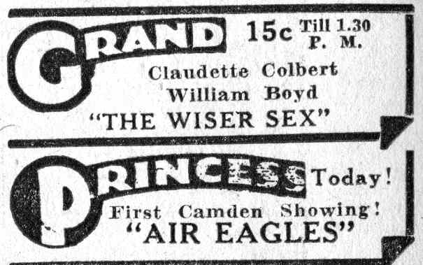 Grand Theater advertisement for The Wiser Sex with Claudette Colbert and William Boyd, Camden Courier-Post, June 7, 1932