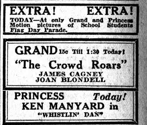 Grand Theater advertisement for The Crowd Roars with James Cagney and Joan Blondell, Camden Courier-Post, June 18, 1932
