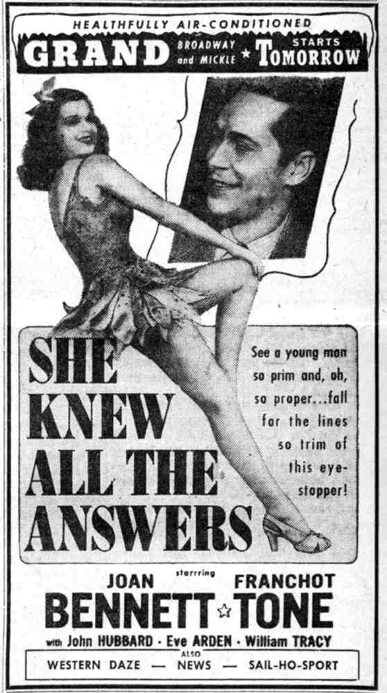 Grand Theater advertisement for She Knew All the Answers with Joan Bennett and Franchot Tone, Camden Courier-Post, July 31, 1941