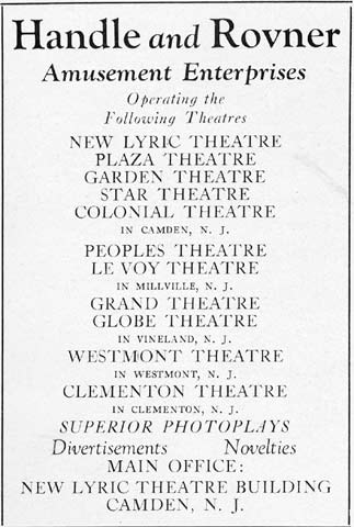Handle and Rovner Amusement Enterprises promotional listing of their theaters in Camden, Millville, Vineland, Westmont, and Clementon, NJ, circa 1928