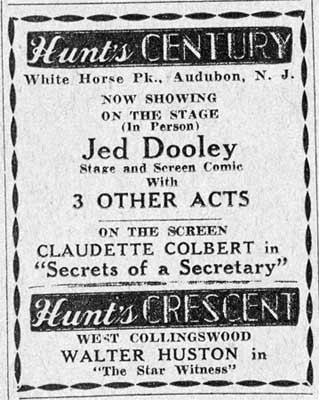 Century Theater and Jed Dooley listing, Camden Courier-Post, October 30, 1931