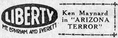 Liberty Theater advertisement for Ken Maynard in Arizona Terror, Camden Courier-Post, October 30, 1931
