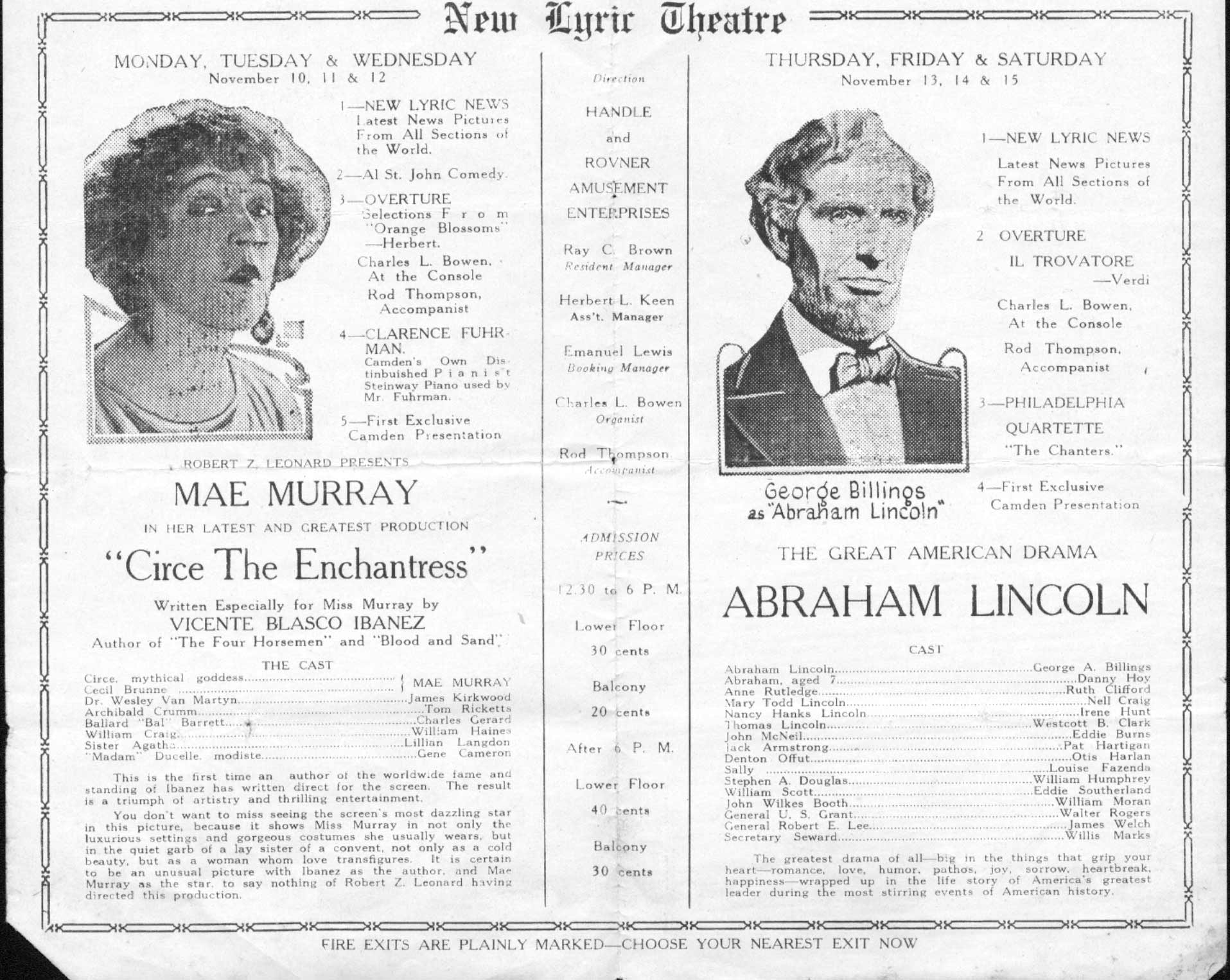 New Lyric Theatre program page, November 10, 1924, featuring Circe the Enchantress and Abraham Lincoln