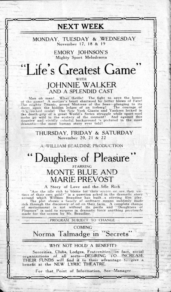 New Lyric Theatre program page, November 10, 1924, featuring Daughters of Pleasure and Secrets