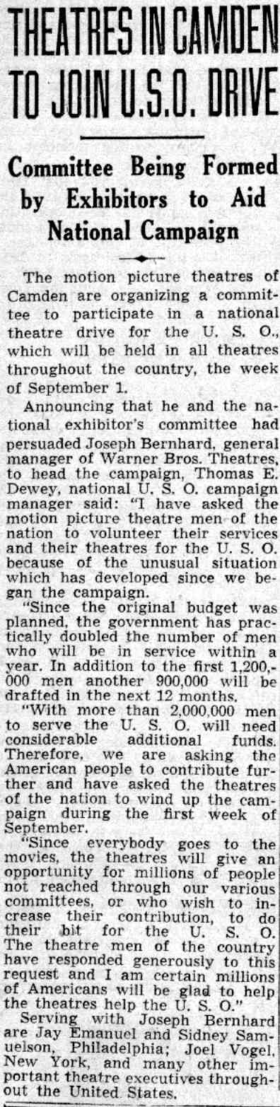 Theatres in Camden to Join U.S.O. Drive, Camden Courier-Post, July 25, 1941