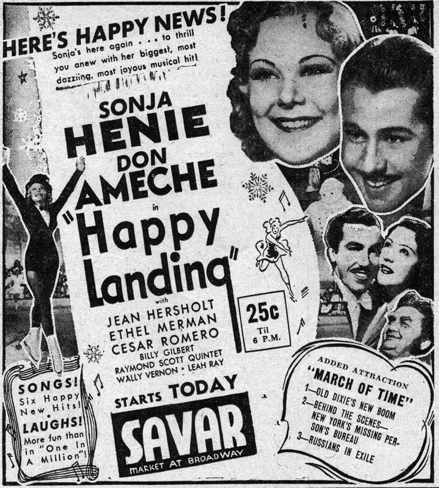 Savar Theater advertisement for Sonja Henie and Don Ameche in Happy Landing, Camden Courier-Post, February 21, 1938