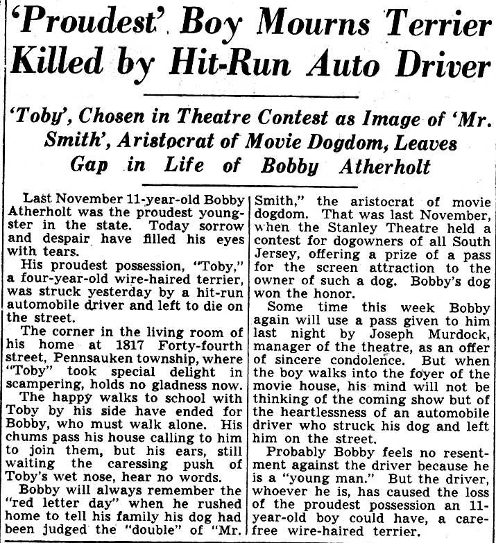Article about Bobby Atherholt and the Stanley Theatre dog Toby, Camden Courier-Post, February 1938