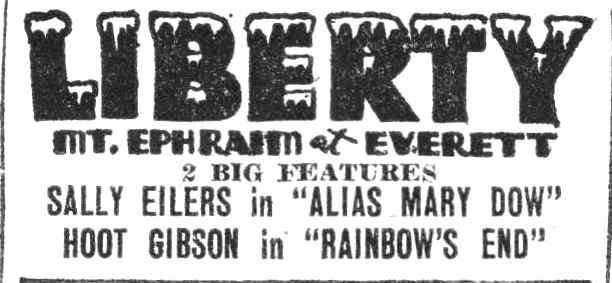 Liberty Theater double-feature advertisement with Sally Eilers and Hoot Gibson, Camden Courier-Post, August 29, 1935