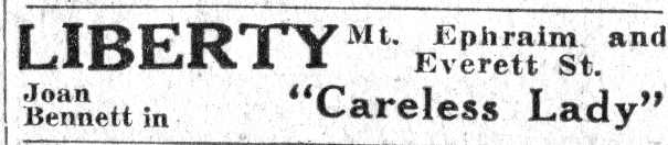 Liberty Theater advertisement for Joan Bennett in Careless Lady, Camden Courier-Post, June 7, 1932